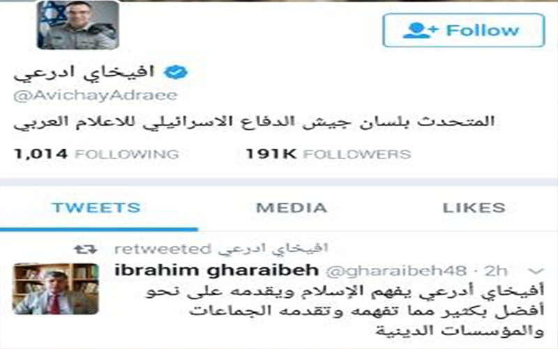 أدرعي یعید نشر تغریدة غرایبة