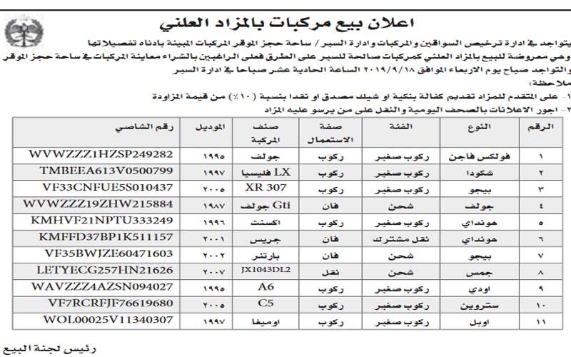 مركبات للبيع بالمزاد العلني