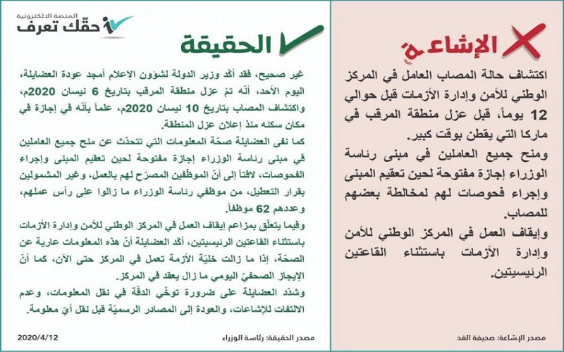 الحكومة تنفي اكتشاف اصابة ادارة الازمات