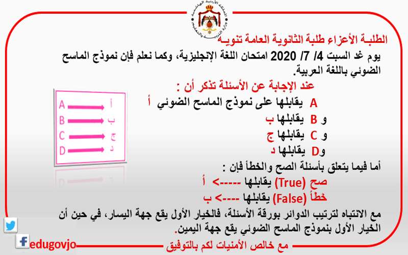 التربيــة توضح آلية التعامل مع نموذج الماسح الضوئي بامتحان اللغة الإنجليزية