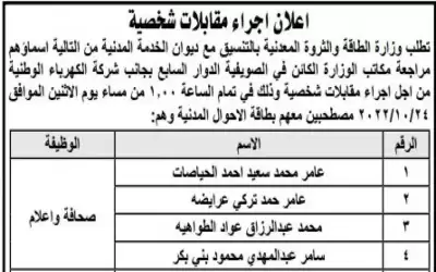 وزارة الطاقة تطلب صحفيين لمقابلات شخصية