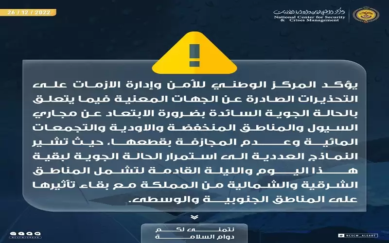 الازمات يجدد تحذيراته من الحالة الجوية