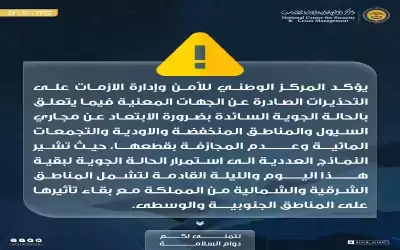 الازمات يجدد تحذيراته من الحالة الجوية