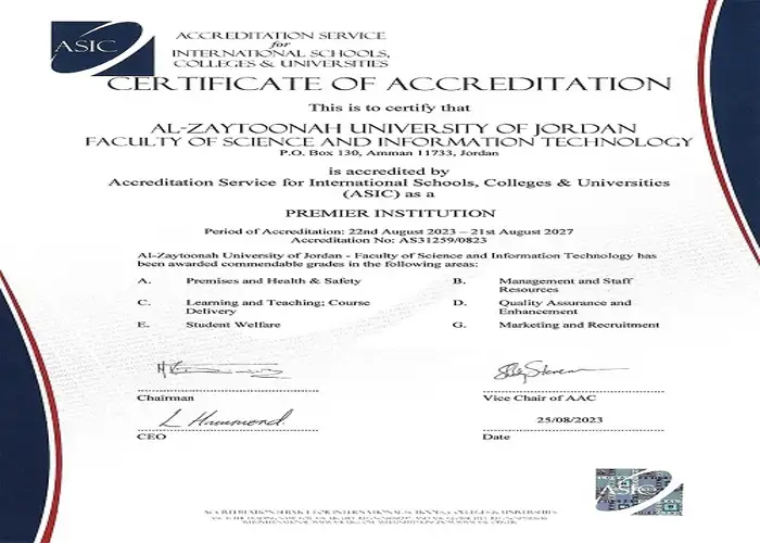 جامعة الزيتونة الاردنية تحصل على شهادة
