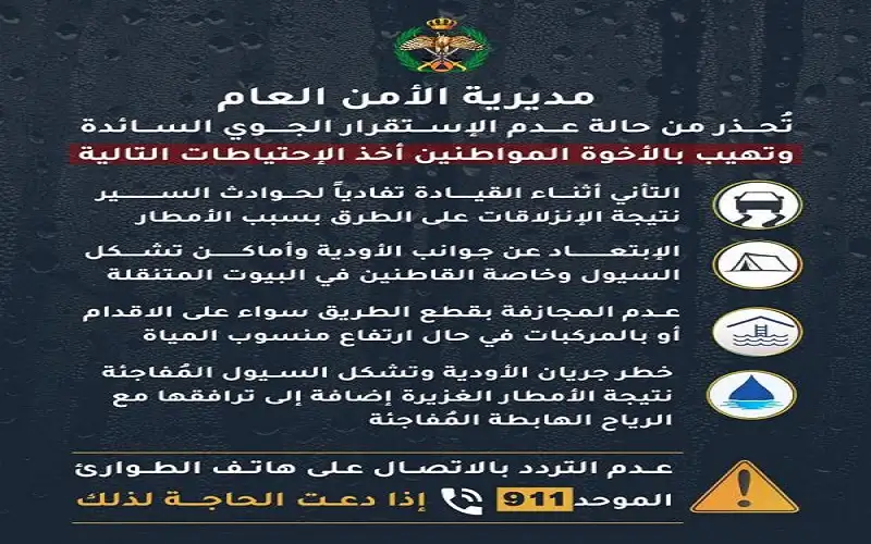 الامن يحذر من عدم الاستقرار الجوي