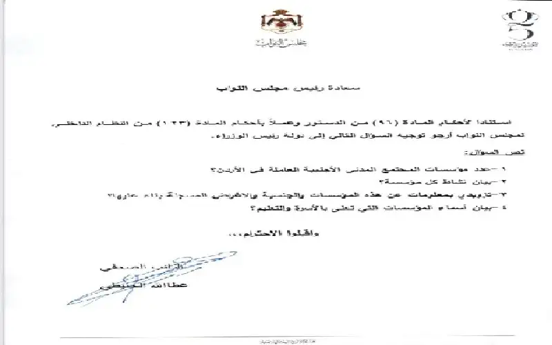 الحنيطي يسأل الحكومة عن مؤسسات المجتمع