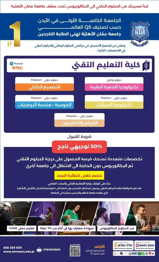 عمان الأهلية تعلن عن استمرار القبول