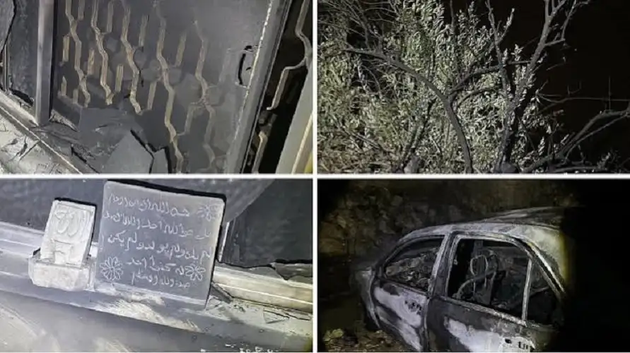 مستوطنون يحرقون مسجدا وشجرة زيتون ومركبة