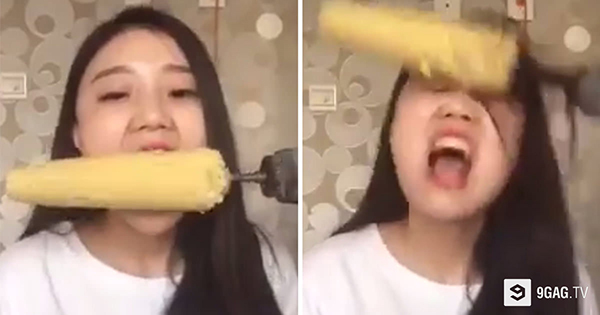 فتاة تأكل الذرة بـ الدريل فكانت