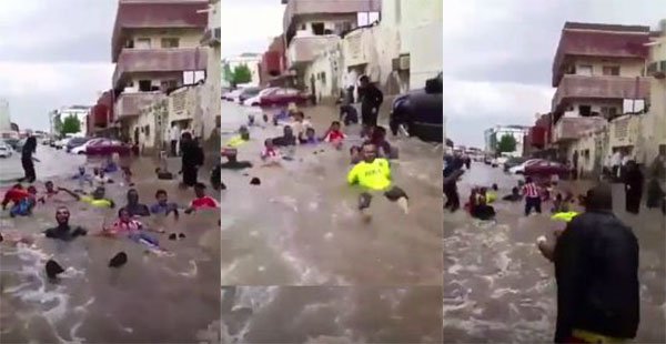 شاهد سعوديين يمارسون السباحة في شوارع