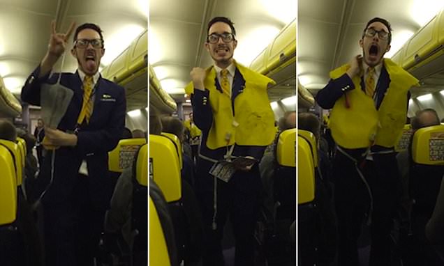 مضيف يشرح للمسافرين إجراءات السلامة بطريقة