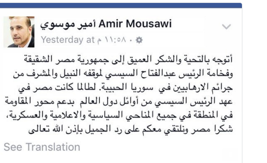 أمير موسوي: نشكر السيسي لدعمه بشار